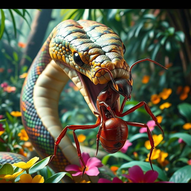 A surreal scene featuring a large, colorful snake with intricate patterns on its scales, holding a giant ant in its mouth