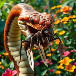 A surreal scene featuring a large, colorful snake with intricate patterns on its scales, holding a giant ant in its mouth