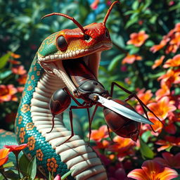 A surreal scene featuring a large, colorful snake with intricate patterns on its scales, holding a giant ant in its mouth