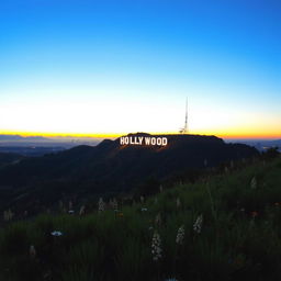 A stunning view of the Hollywood Sign at dusk, illuminated by the soft glow of the setting sun, with a clear sky transitioning from blue to orange and purple hues