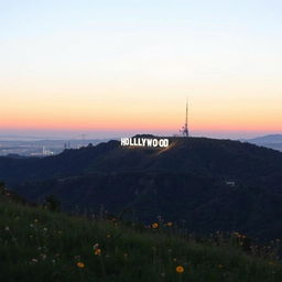 A stunning view of the Hollywood Sign at dusk, illuminated by the soft glow of the setting sun, with a clear sky transitioning from blue to orange and purple hues
