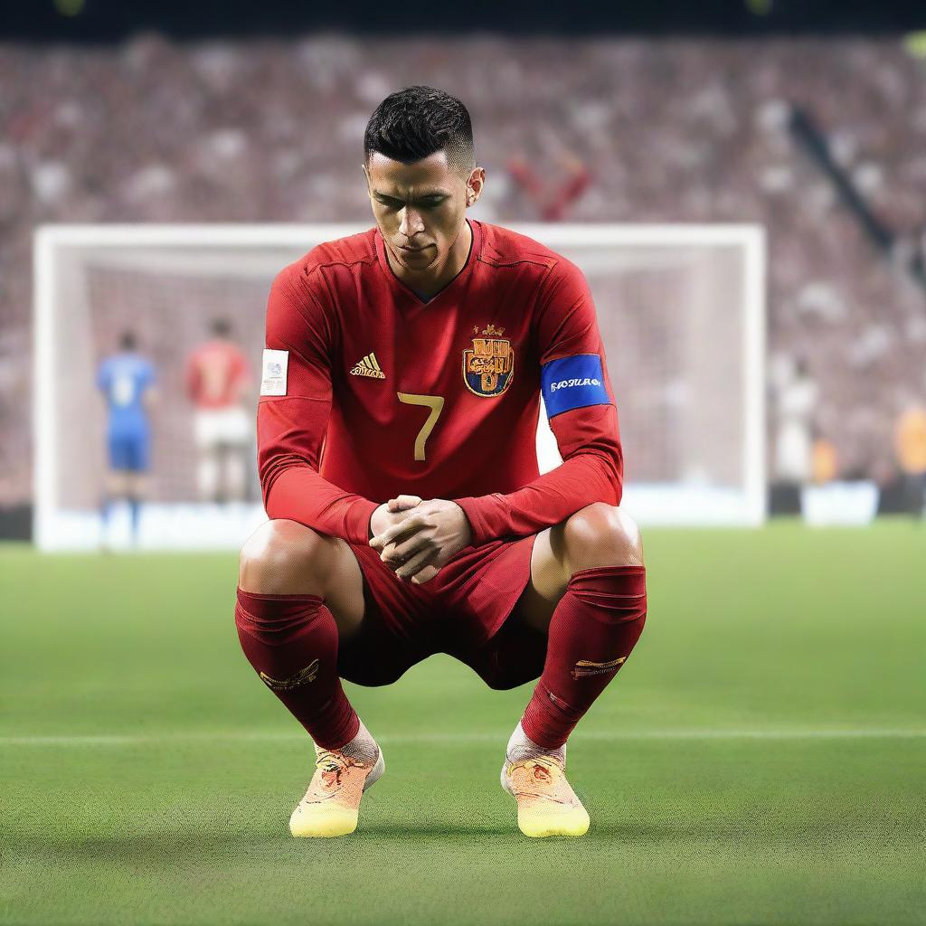 Create an intense football pitch scene with Cristiano Ronaldo on one knee, tearfully looking up