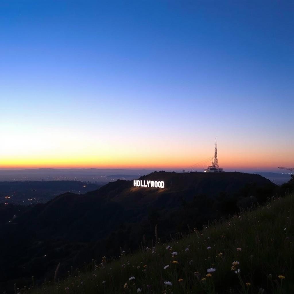 A stunning view of the Hollywood Sign at dusk, illuminated by the soft glow of the setting sun, with a clear sky transitioning from blue to orange and purple hues