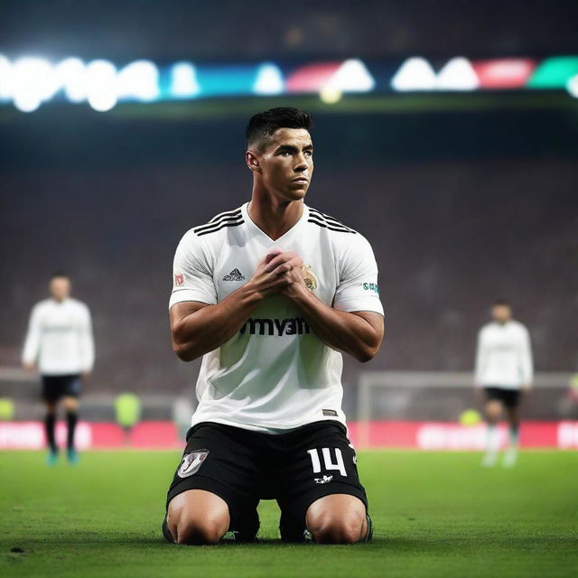 Create an intense football pitch scene with Cristiano Ronaldo on one knee, tearfully looking up