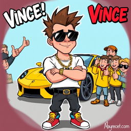 A humorous illustration of a comical character named Vince, who is portrayed as a stereotypical 'douchebag'