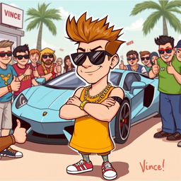 A humorous illustration of a comical character named Vince, who is portrayed as a stereotypical 'douchebag'