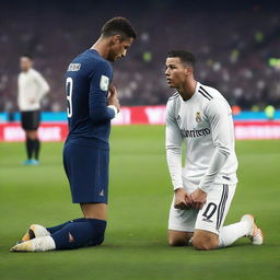 Create an intense football pitch scene with Cristiano Ronaldo on one knee, tearfully looking up