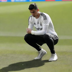 Create an intense football pitch scene with Cristiano Ronaldo on one knee, tearfully looking up