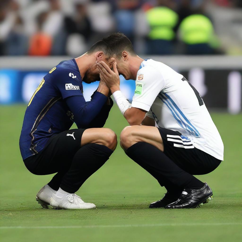 Cristiano Ronaldo, tearful and filled with emotion, is shown on his knees on a football pitch, humbly kissing the foot of a stoic Lionel Messi