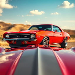 A vibrant view of a classic Camaro car, shining with a glossy finish in a beautiful setting
