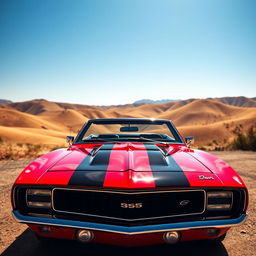 A vibrant view of a classic Camaro car, shining with a glossy finish in a beautiful setting