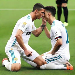 Cristiano Ronaldo, tearful and filled with emotion, is shown on his knees on a football pitch, humbly kissing the foot of a stoic Lionel Messi