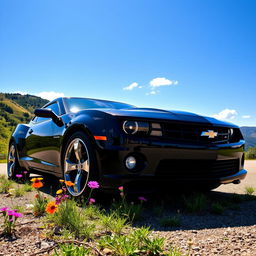 A vivid and dynamic image of a 2013 Chevy Camaro, parked in a scenic location with a beautiful view of a hillside landscape under a clear blue sky