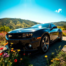 A vivid and dynamic image of a 2013 Chevy Camaro, parked in a scenic location with a beautiful view of a hillside landscape under a clear blue sky