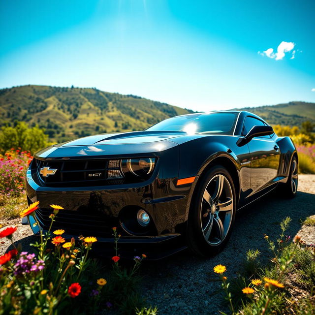 A vivid and dynamic image of a 2013 Chevy Camaro, parked in a scenic location with a beautiful view of a hillside landscape under a clear blue sky