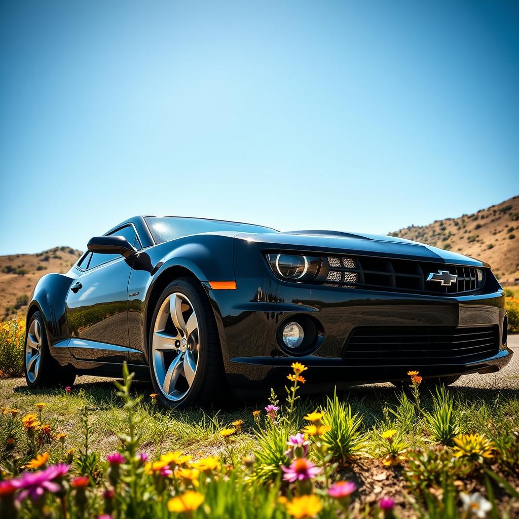 A vivid and dynamic image of a 2013 Chevy Camaro, parked in a scenic location with a beautiful view of a hillside landscape under a clear blue sky