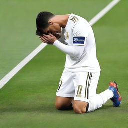 Cristiano Ronaldo, tearful and filled with emotion, is shown on his knees on a football pitch, humbly kissing the foot of a stoic Lionel Messi