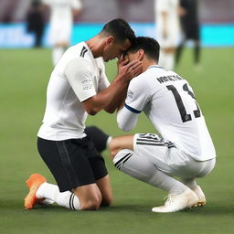 Cristiano Ronaldo, tearful and filled with emotion, is shown on his knees on a football pitch, humbly kissing the foot of a stoic Lionel Messi