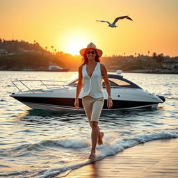 A person confidently walking towards a boat with a beautiful bay in the background