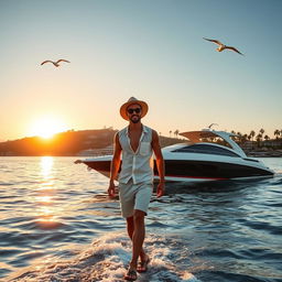 A person confidently walking towards a boat with a beautiful bay in the background