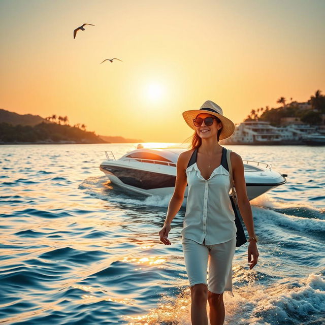 A person confidently walking towards a boat with a beautiful bay in the background