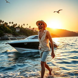 A person confidently walking towards a boat with a beautiful bay in the background