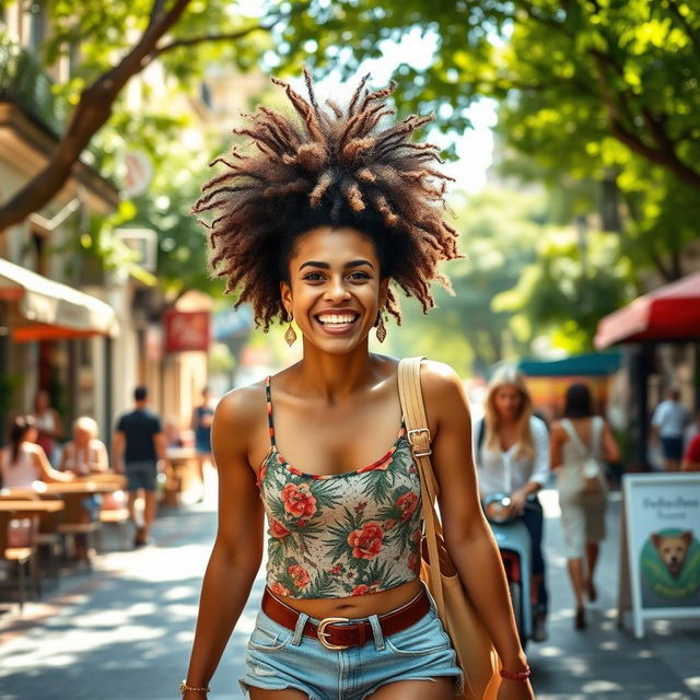 A lively person walking with a cheerful demeanor, showcasing a unique and stylish hairstyle known as 'cabelo batateiro,' which features bold, voluminous curls that add a playful flair