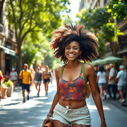 A lively person walking with a cheerful demeanor, showcasing a unique and stylish hairstyle known as 'cabelo batateiro,' which features bold, voluminous curls that add a playful flair