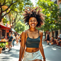 A lively person walking with a cheerful demeanor, showcasing a unique and stylish hairstyle known as 'cabelo batateiro,' which features bold, voluminous curls that add a playful flair