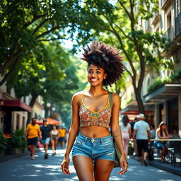 A lively person walking with a cheerful demeanor, showcasing a unique and stylish hairstyle known as 'cabelo batateiro,' which features bold, voluminous curls that add a playful flair