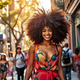 A woman walking down a vibrant city street, showcasing her voluminous, curly, and wild 'batateiro' hairstyle that exudes confidence and charm