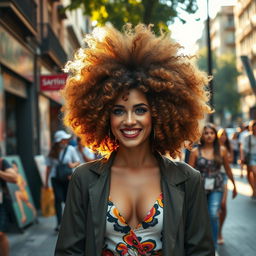 A woman walking down a vibrant city street, showcasing her voluminous, curly, and wild 'batateiro' hairstyle that exudes confidence and charm