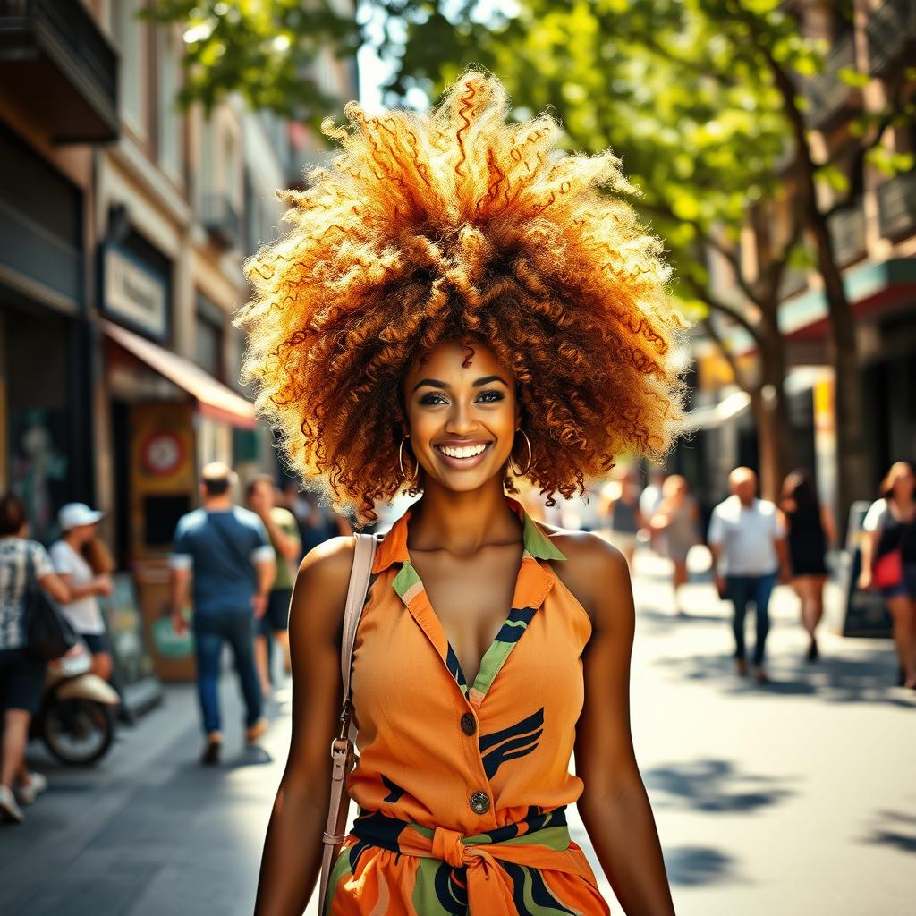 A woman walking down a vibrant city street, showcasing her voluminous, curly, and wild 'batateiro' hairstyle that exudes confidence and charm