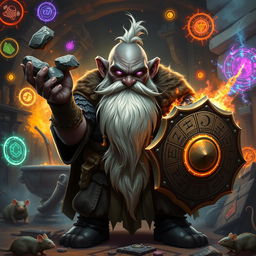 A stout and proud very dark grey-skinned dwarf warrior mage D&D character, showcasing a distinctive white beard resembling rat whiskers and intense glowing purple eyes