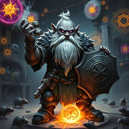 A stout and proud very dark grey-skinned dwarf warrior mage D&D character, showcasing a distinctive white beard resembling rat whiskers and intense glowing purple eyes