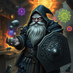 A stout and proud very dark grey-skinned dwarf warrior mage D&D character, showcasing a distinctive white beard resembling rat whiskers and intense glowing purple eyes