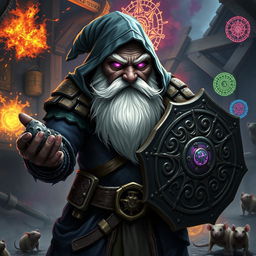 A stout and proud very dark grey-skinned dwarf warrior mage D&D character, showcasing a distinctive white beard resembling rat whiskers and intense glowing purple eyes