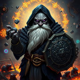 A stout and proud very dark grey-skinned dwarf warrior mage D&D character, showcasing a distinctive white beard resembling rat whiskers and intense glowing purple eyes