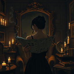 A dark academia-inspired illustration of a determined young female director deeply engrossed in her work on a film project