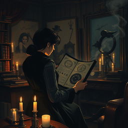 A dark academia-inspired illustration of a determined young female director deeply engrossed in her work on a film project
