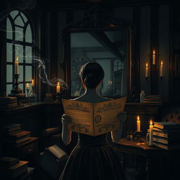 A dark academia-inspired illustration of a determined young female director deeply engrossed in her work on a film project