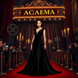 An A4-sized illustration capturing the fierce essence of a young female director at an upscale movie premiere, blending dark academia aesthetics with cinematic flair