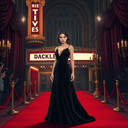 An A4-sized illustration capturing the fierce essence of a young female director at an upscale movie premiere, blending dark academia aesthetics with cinematic flair