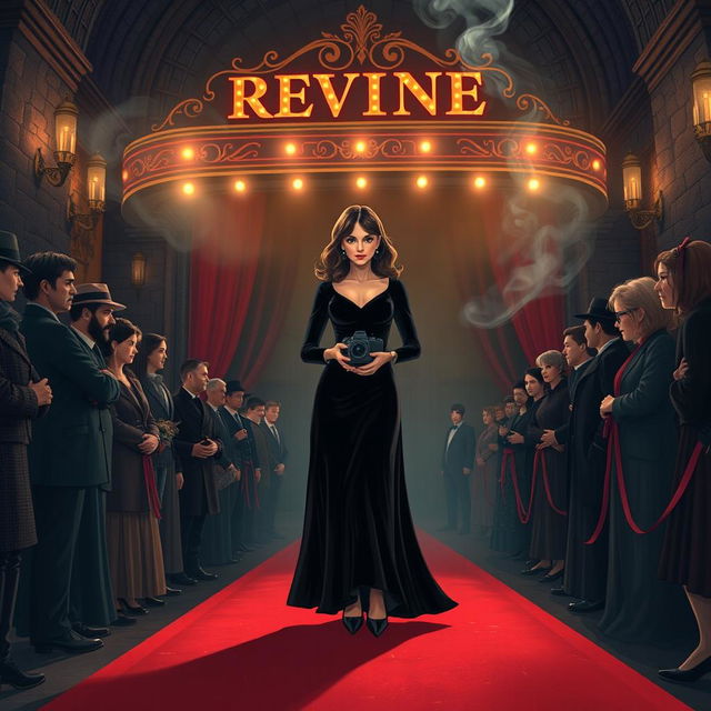 An A4-sized illustration of a fierce young female director at the premiere of her revenge-themed film, set against a dimly lit, gothic theater adorned with intricate stonework and flickering candlelight