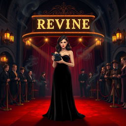 An A4-sized illustration of a fierce young female director at the premiere of her revenge-themed film, set against a dimly lit, gothic theater adorned with intricate stonework and flickering candlelight