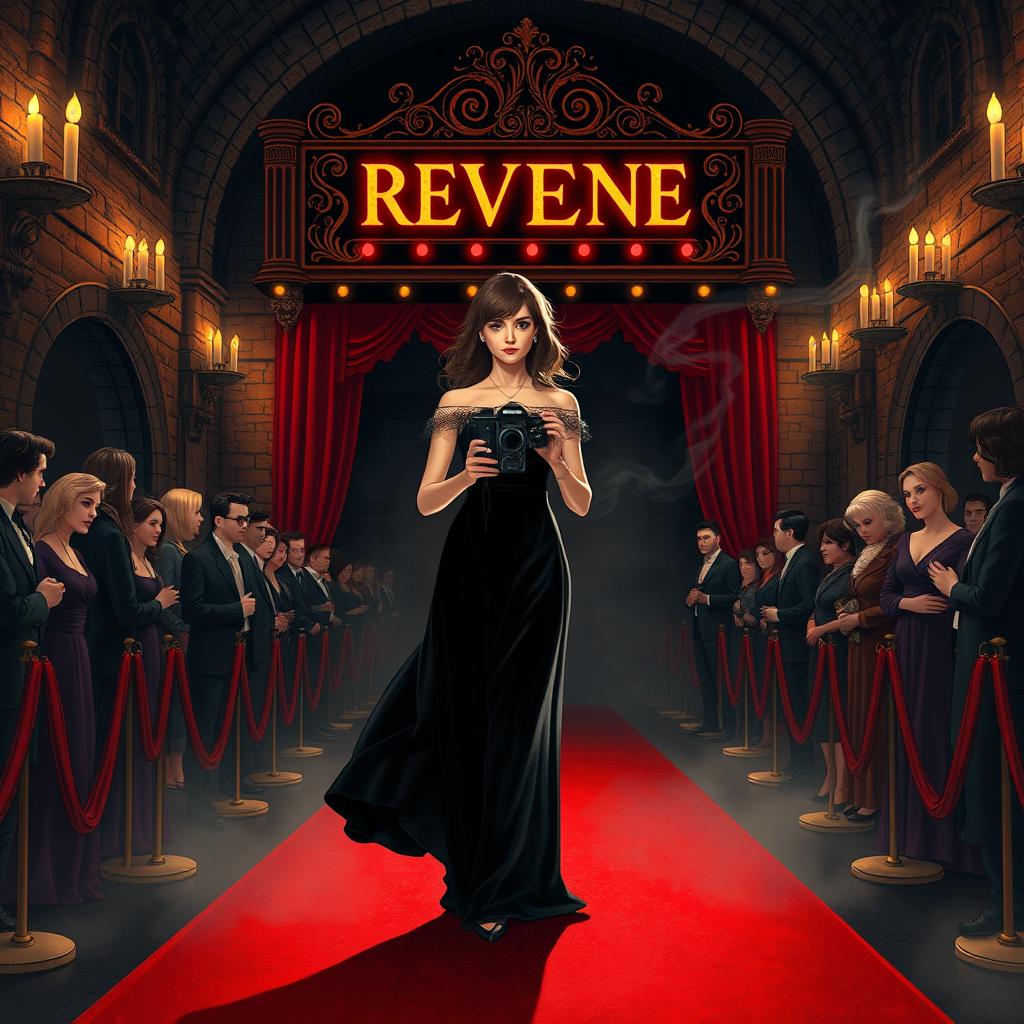 An A4-sized illustration of a fierce young female director at the premiere of her revenge-themed film, set against a dimly lit, gothic theater adorned with intricate stonework and flickering candlelight