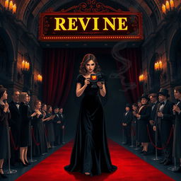 An A4-sized illustration of a fierce young female director at the premiere of her revenge-themed film, set against a dimly lit, gothic theater adorned with intricate stonework and flickering candlelight