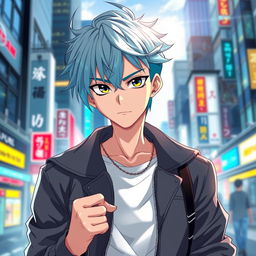 A chic anime guy exuding confidence, determination, and a fashionable style, never giving up no matter the challenge