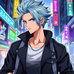 A chic anime guy exuding confidence, determination, and a fashionable style, never giving up no matter the challenge