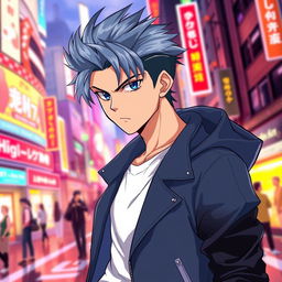 A chic anime guy exuding confidence, determination, and a fashionable style, never giving up no matter the challenge